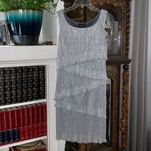 Connected Apparel Bodycon Shimmery Silver Party Dress w/ Layered Ruffles Size 6